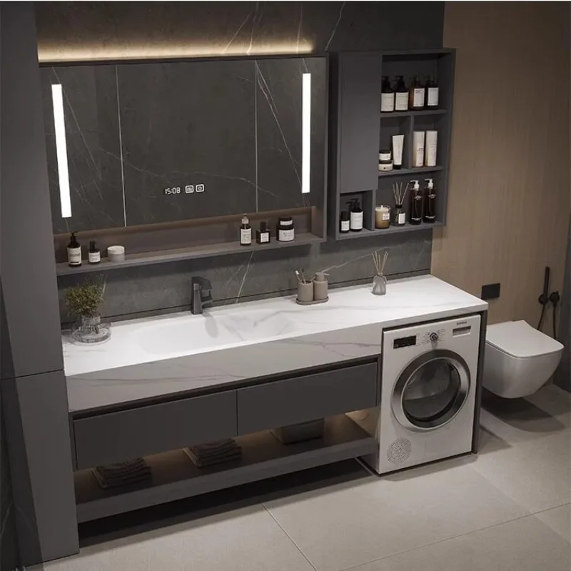 

Встроенный шкаф для стиральной машины из дуба, комбинированный шкаф для ванной комнаты, тумба для ванной из сланца, раковина.