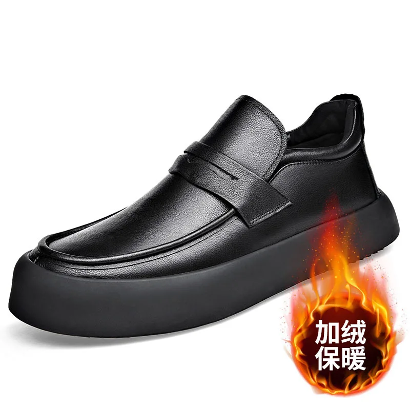 2023Genuine Shoes Men Winter Plus Velvet Comfy Male Footwear Moccasin Fashion Shoes Men Slip-on Men\'s Flats Men Casual Shoes