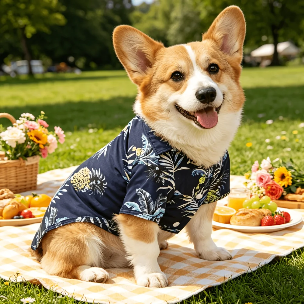 1 Stück T-Shirt mit hawaiianischem Ananas- und Palmenmotiv für kleine/mittelgroße Hunde, Haustierkleidung, geeignet für Frühling und Sommer, ideal für Hunde