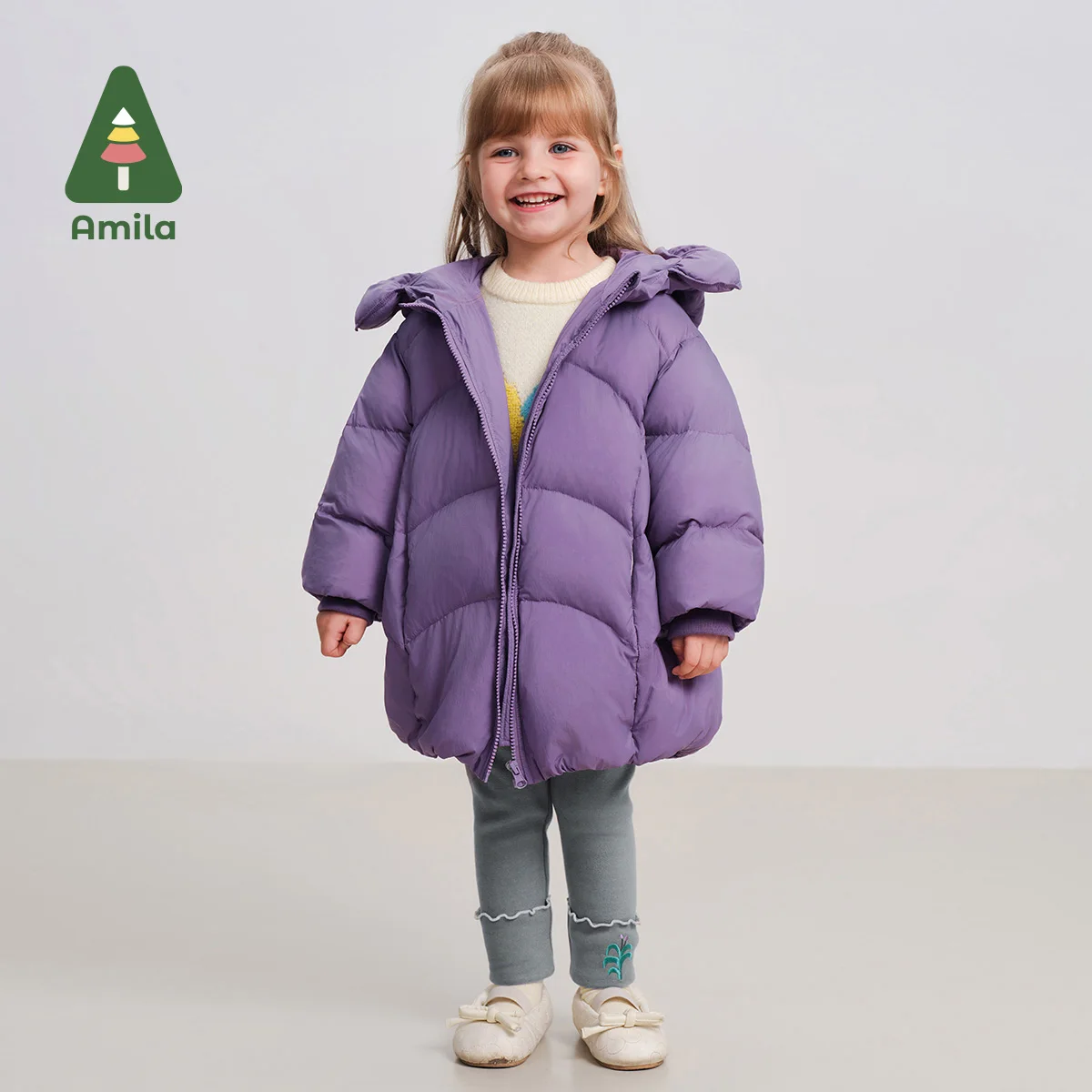 Amila Baby Down Jacket 2024 Winter New Girls Solid Color Flower Hooded White Duck Down Warm And Soft Mid-Length Children\'s Coat