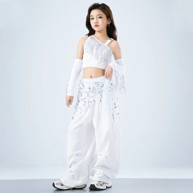 Teen Hip Hop Kids Tassels Sequined Tops Street Dance Cargo Pants Girls Streetwear Children Jazz Costume Stage Shorts Clothes Set