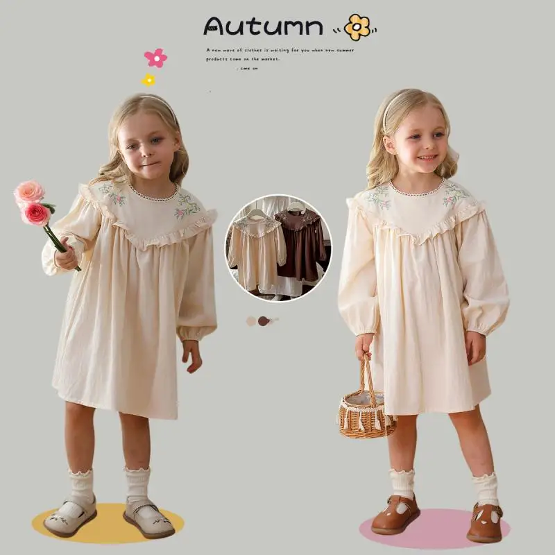 2024 Flower Embroidered Girls Dress Autumn Long Sleeves Girl Dresses Round Neck Fashion Birthday Party Holiday Children Clothing