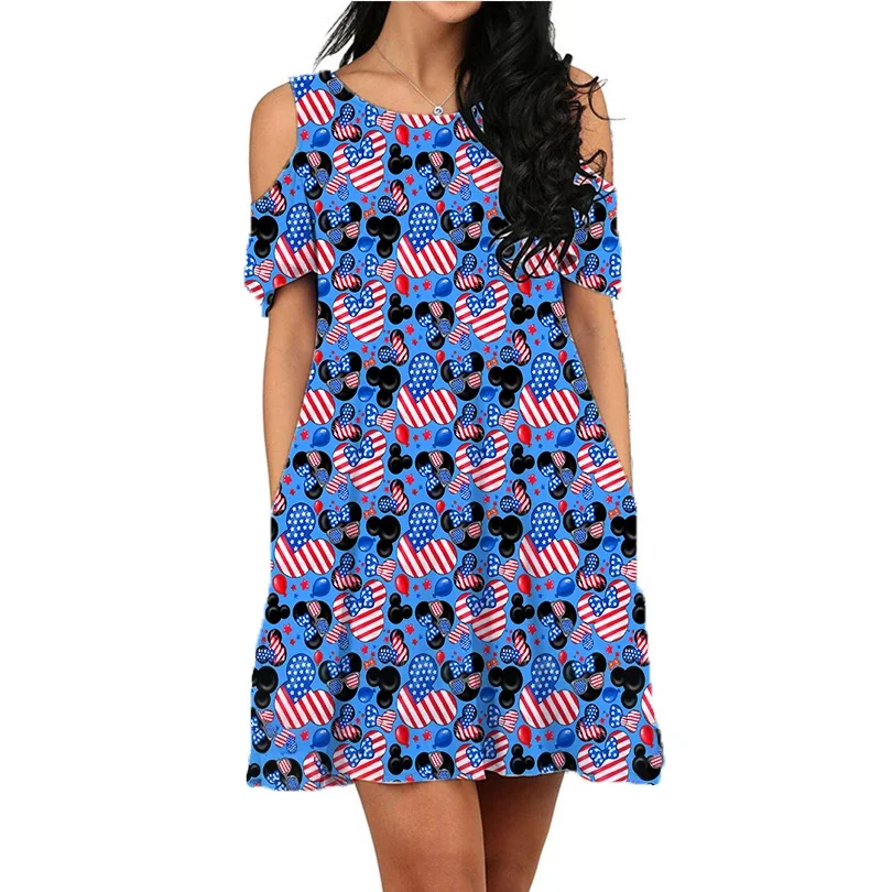 

New Mickey's Fourth of July Dress Women Summer Short Sleeve Beach Dress Disney Sexy Dress Holiday Party Dress