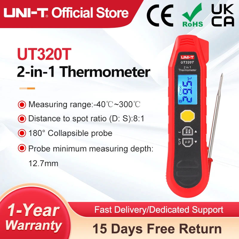 UNI-T 2-in-1 infraroodthermometer UT320T Digitale thermometer Temperatuurmeter Sondemeting -40 ℃ ~300 ℃