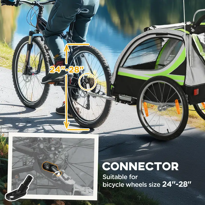 

Aosom 2-in-1 Walk/Ride Child Baby Bike Trailer for Kids 2 Seater, High-Visibility Bike Stroller for Toddler Wagon, Weather-Strong Double Bicycle Trailer Accessory, Green