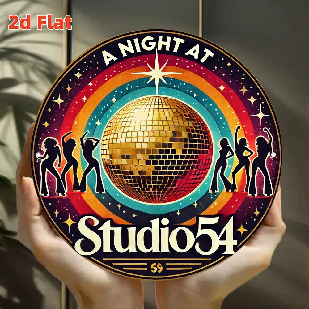 2D Flat, Vintage 1970s Studio 54 Disco Wall Art Sign - 7.8x7.8 Inch Retro Aluminum Round Plaque with Vibrant Reflective Disco Ba