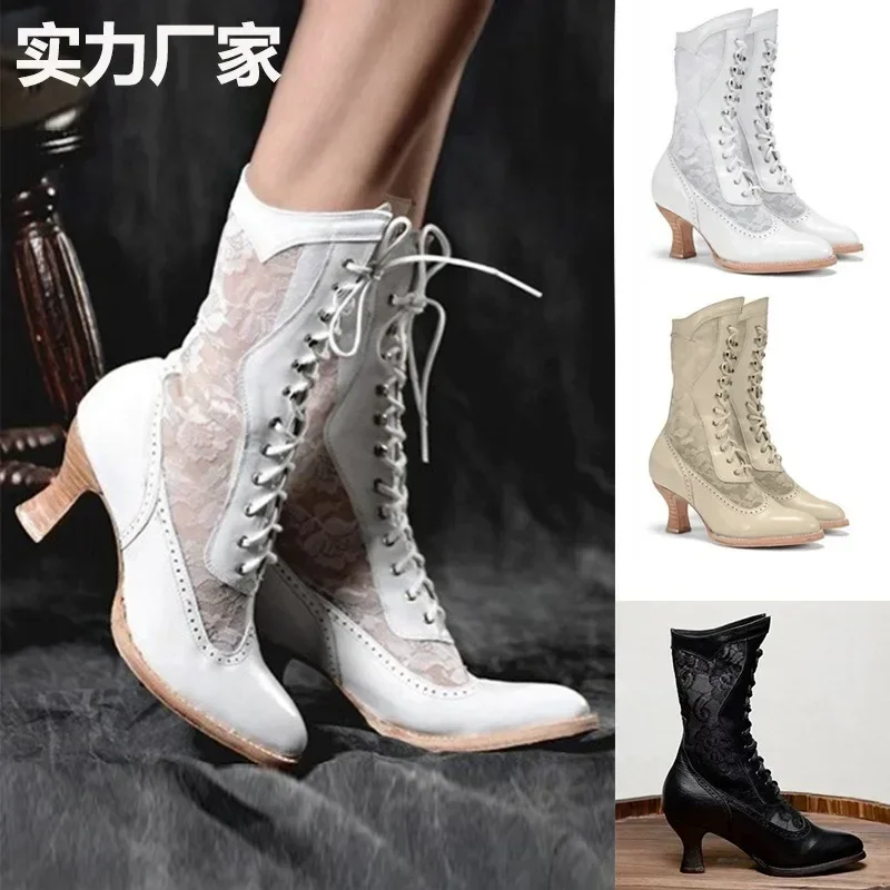 Vintage Women\'s Ankle Boots Victorian Pointed Toe Mid-Calf Boots for Women Elegant Pu Lace Up Boot Spliced Ladies High Heel Shoe