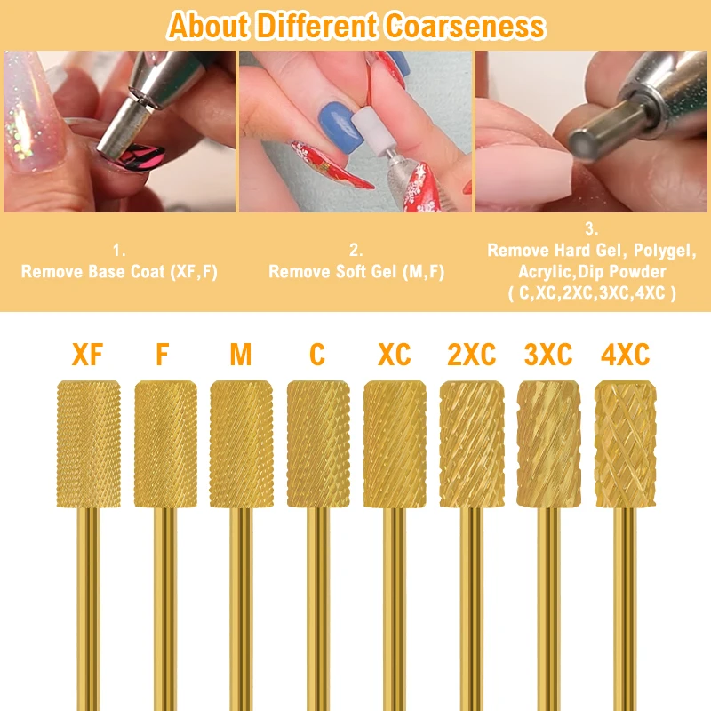 Brocas de broca de unha de carboneto de ouro fresa grande barril pro invertido durável granding ferramentas de polimento acessórios 4xc