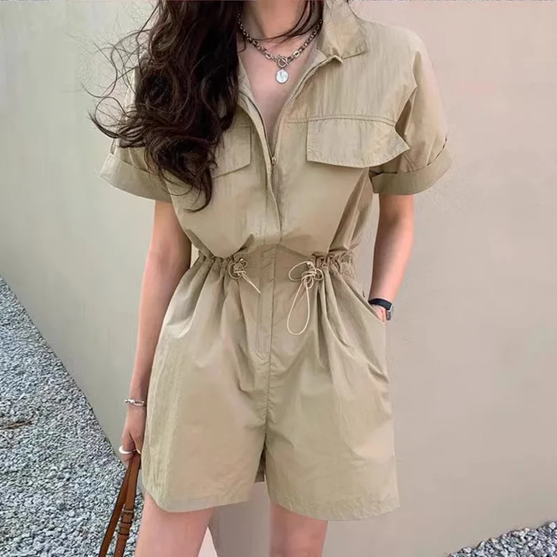 

Leisure Wide Leg Jumpsuit Shorts For Women'S Summer Flip Collar, Zippered Drawstring Waist Closure, Slimming Jumpsuit Shorts