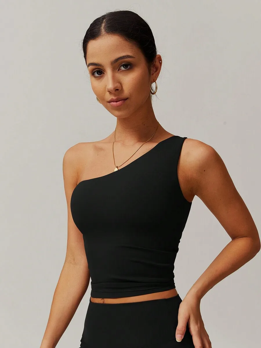 

Womens One Shoulder Sports Crop Top High Elasticity Breathable Comfortable Black Summer