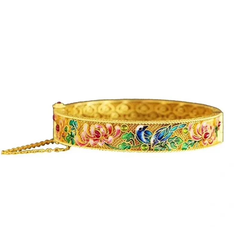 Noble AU999 real gold bracelet 24K pure gold enamel case Qimei bracelet ladies vintage gold bracelet