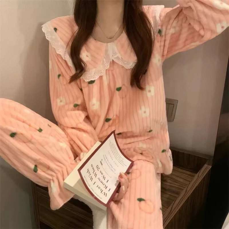 Autumn and Winter Women\'s Coral Velvet Pajamas Homewear Suit Girls Students Facecloth Thickened Warm Korean Homewear Suit