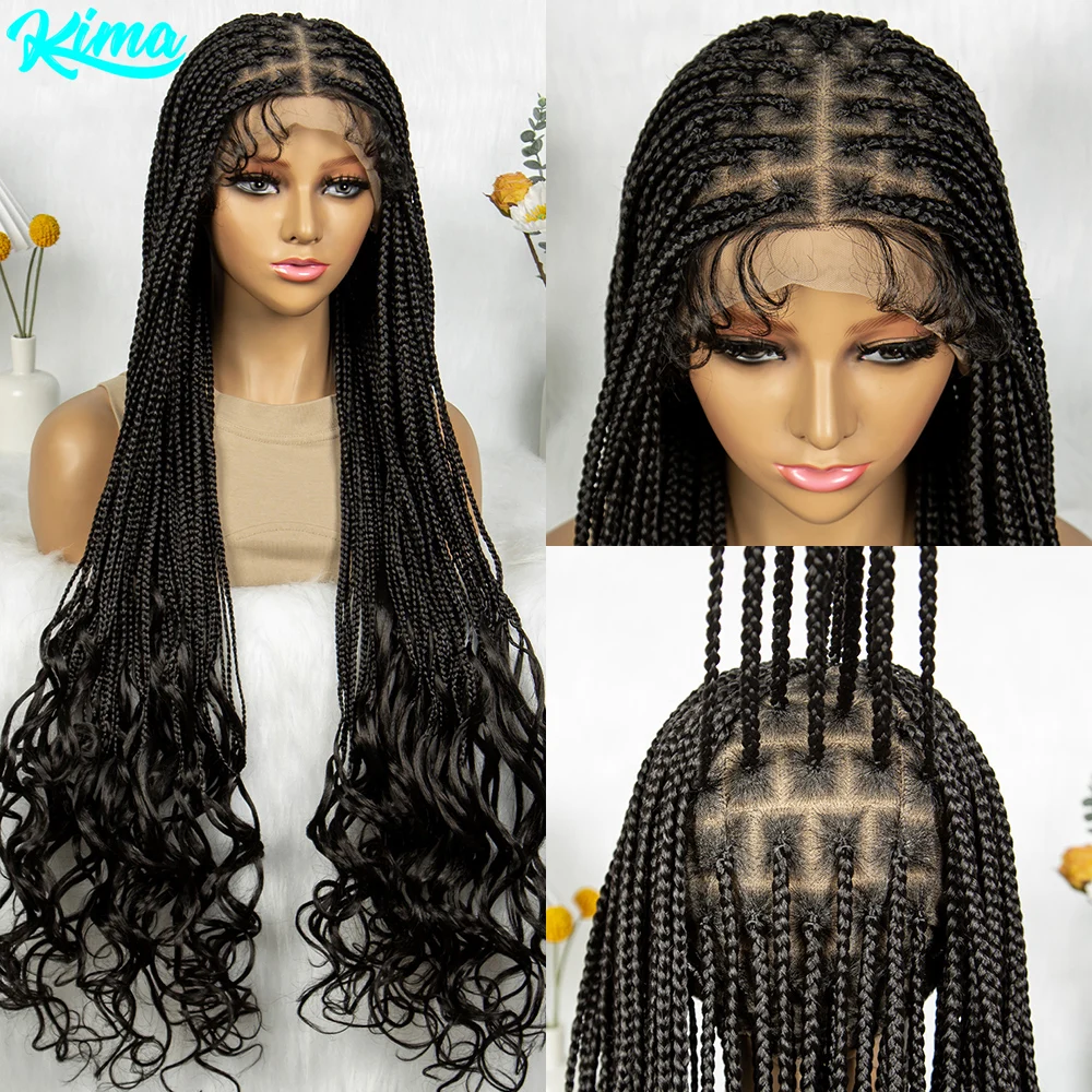 Kima 32 inch Synthetic Full Lace Braided Wig Cornrow Box Braiding Wigs Curly End with Baby Hair for Black Women