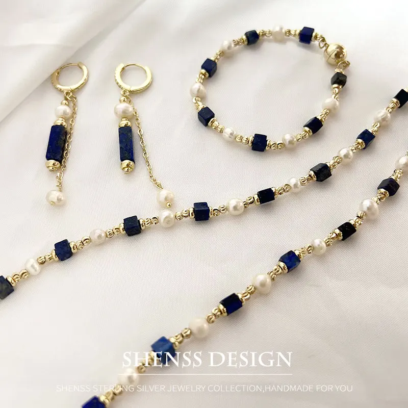 Natural Freshwater Pearl Necklace 4X4 lapis lazuli Bracelet Earring Plated 14K Gold Accessories