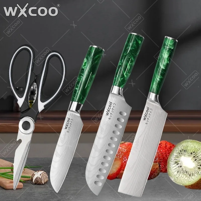 

Кухонный нож WXCOO Damascus Laser: японский нож для разделки мяса, сантоку, нож для нарезки фруктов, обвалочный нож, тесак, кухонные ножницы, нержавеющая сталь