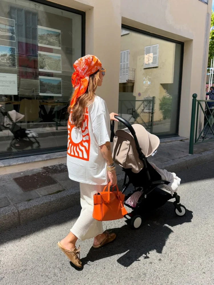 T-shirt da donna vintage americana fiti con stampa solare allentata ort Sve Street Sle Cotton Casual Summer Top per donna