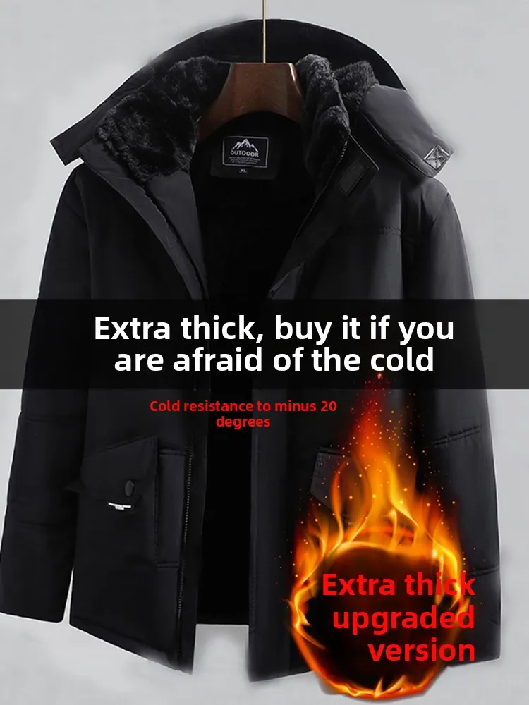 

Men's Thiened Fce Lined Winter Jaet Dad Sle Warmth Comfortable Cotton Coat for Middle-Aged And ly with Hood