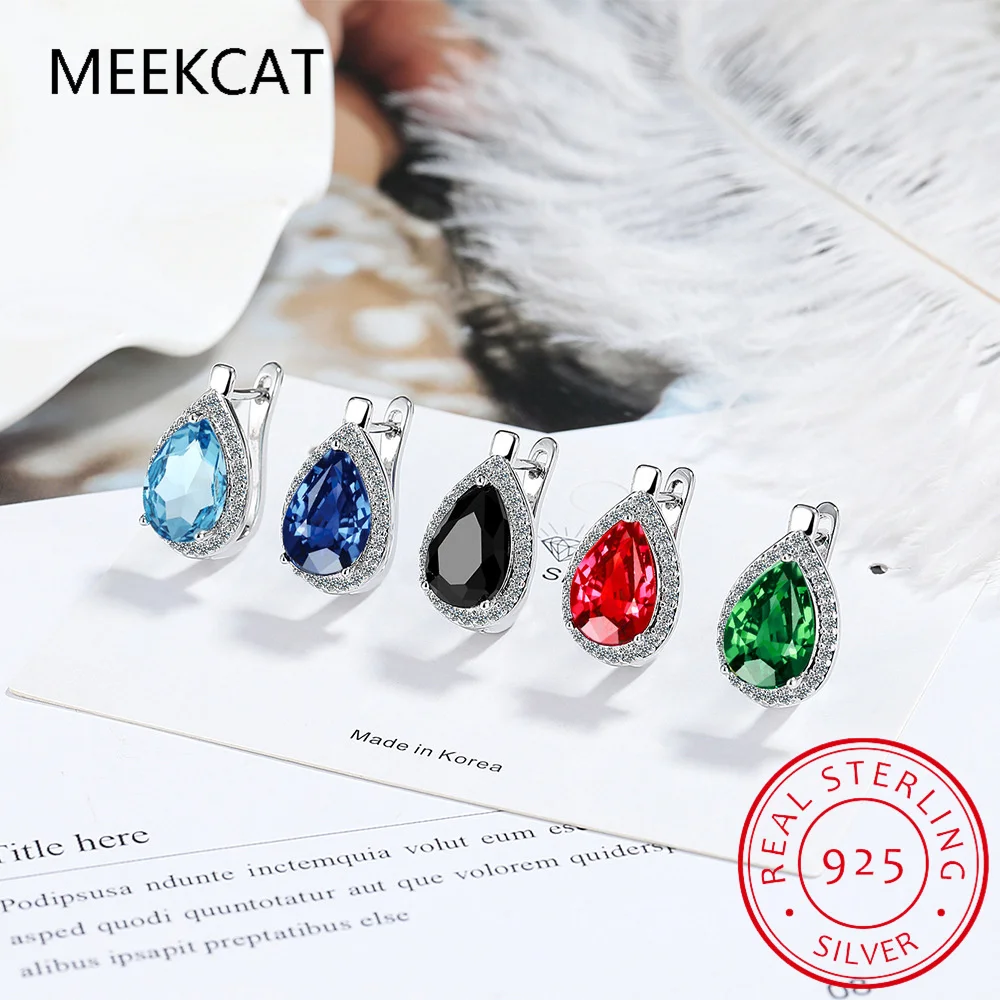 Pear Cut Created Blue Sapphire 925 Sterling Silver Hoop Earrings for Women Fashion Statement Gemstone Jewelry Huggies view 4