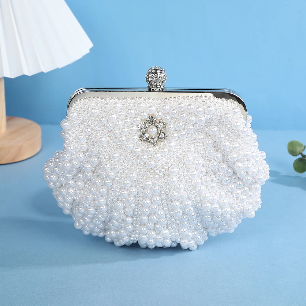 Luxury Wedding Pearl Purse shell Evening Handbag, Women Pearl Evening bag Cascading Beaded Rhinestone Fancy clutch purse