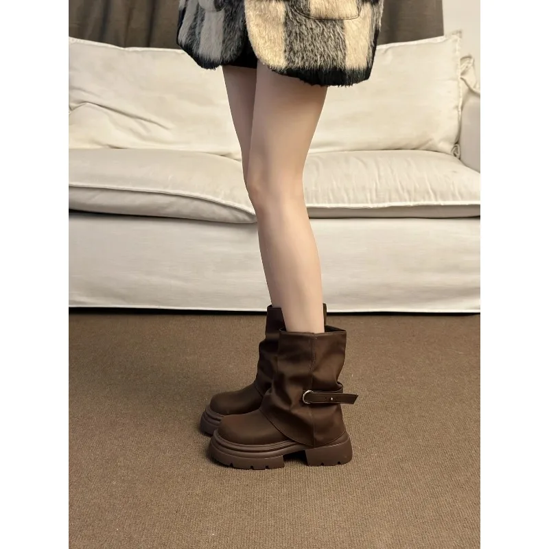 Women's Thick Bottom Boots British Style Autumn Winter Short Boots Brown Mermaid Tube Boot Daily Wear Round Toe Boots 2026 New - view 3