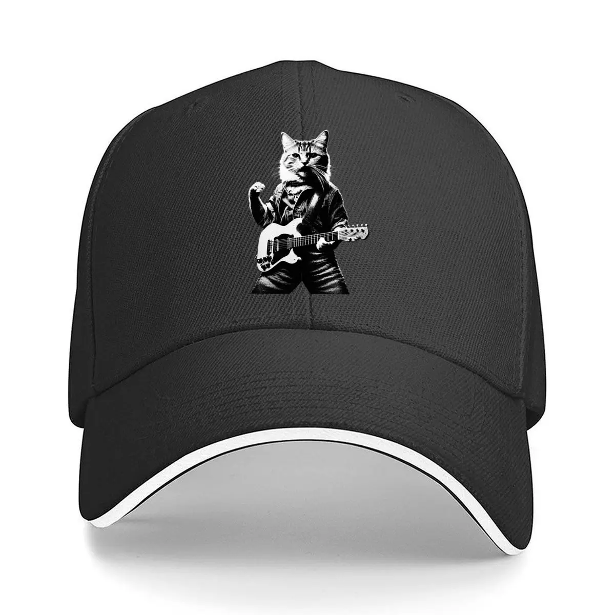 Black White Feline Rocker Playing Electric Guitar Sandwich Baseball Cap Women Unisex Male