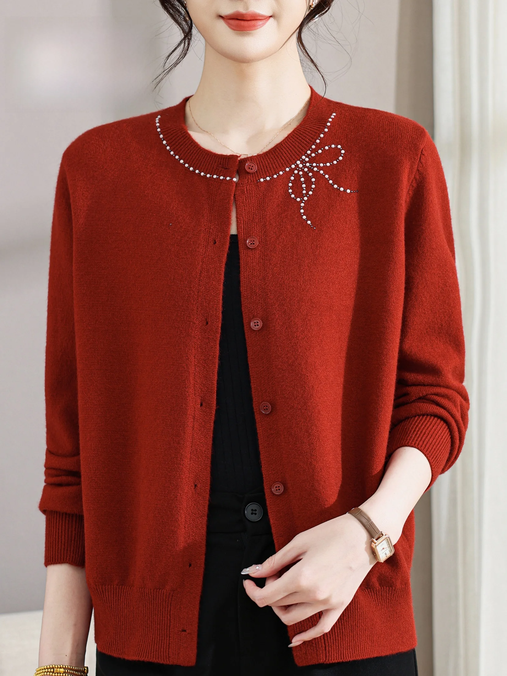 

Spring Autumn New Sle Small Fraance round Ne Rhinestone Knitted Open Cardigan Women's Faionable Thin Sweater Coat