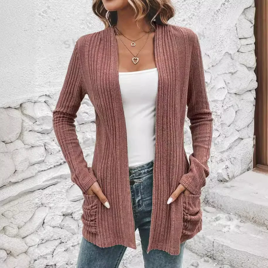 2024 Spring Autumn Women\'s Cardigan Solid Color Pit Stripe Brushed Casual Patchwork Long Sleeved Cardigan Jacket Female Coats