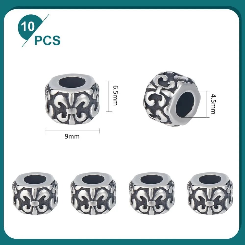 Perle de paracorde en acier inoxydable, perles européennes, perle en métal de style tibétain, argent antique, colonne avec grand trou de fleur de lis, 10 pièces