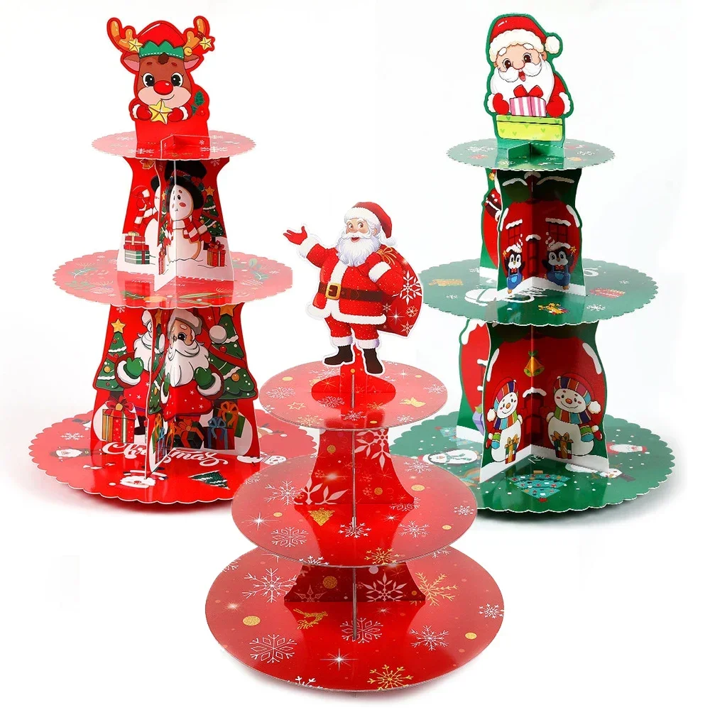 Christmas Funny Dessert Tower Santa Claus 3 Tier Cupcake Display Topped Paper Stand Festivity Props Xmas Party