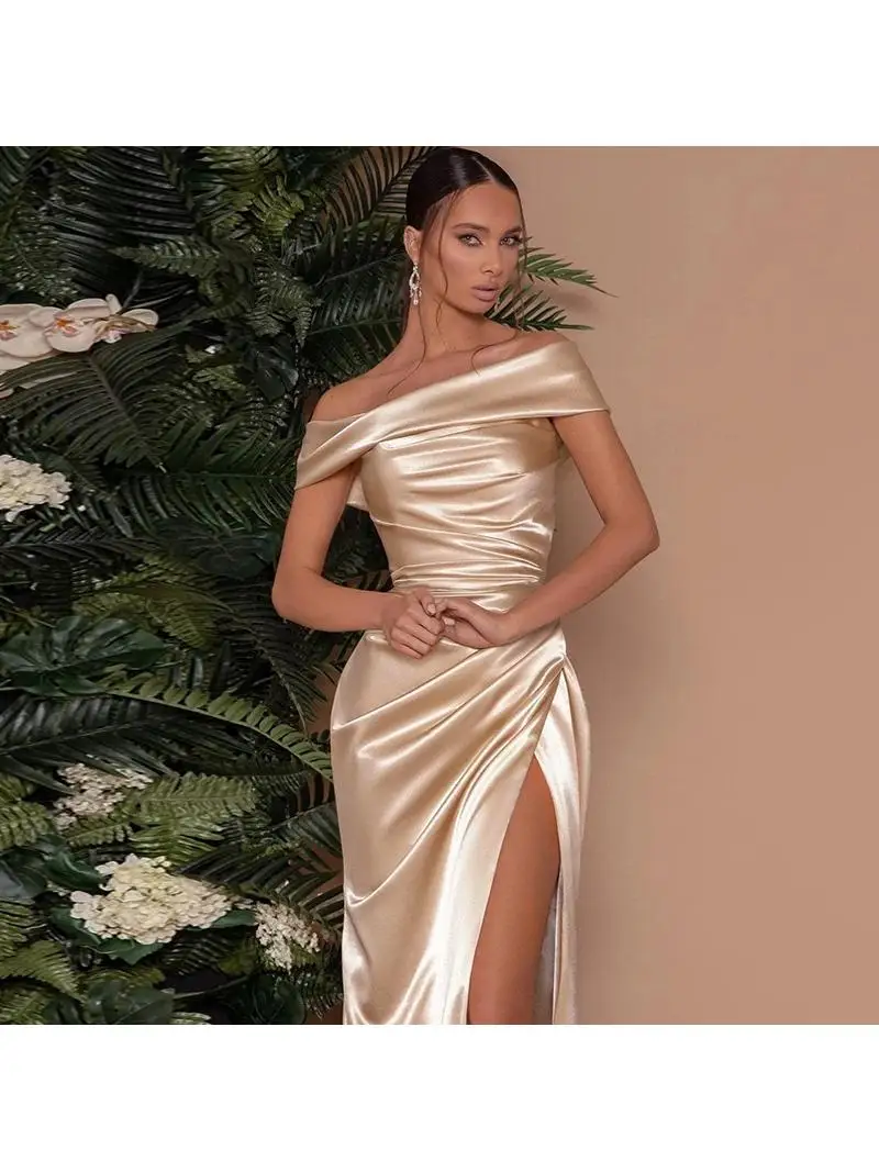 

Новое вечернее платье 2025 года: атласное, на одно плечо, с разрезом, плиссированное, с бретелью на одно плечо, сексуальное, из полиэстера...