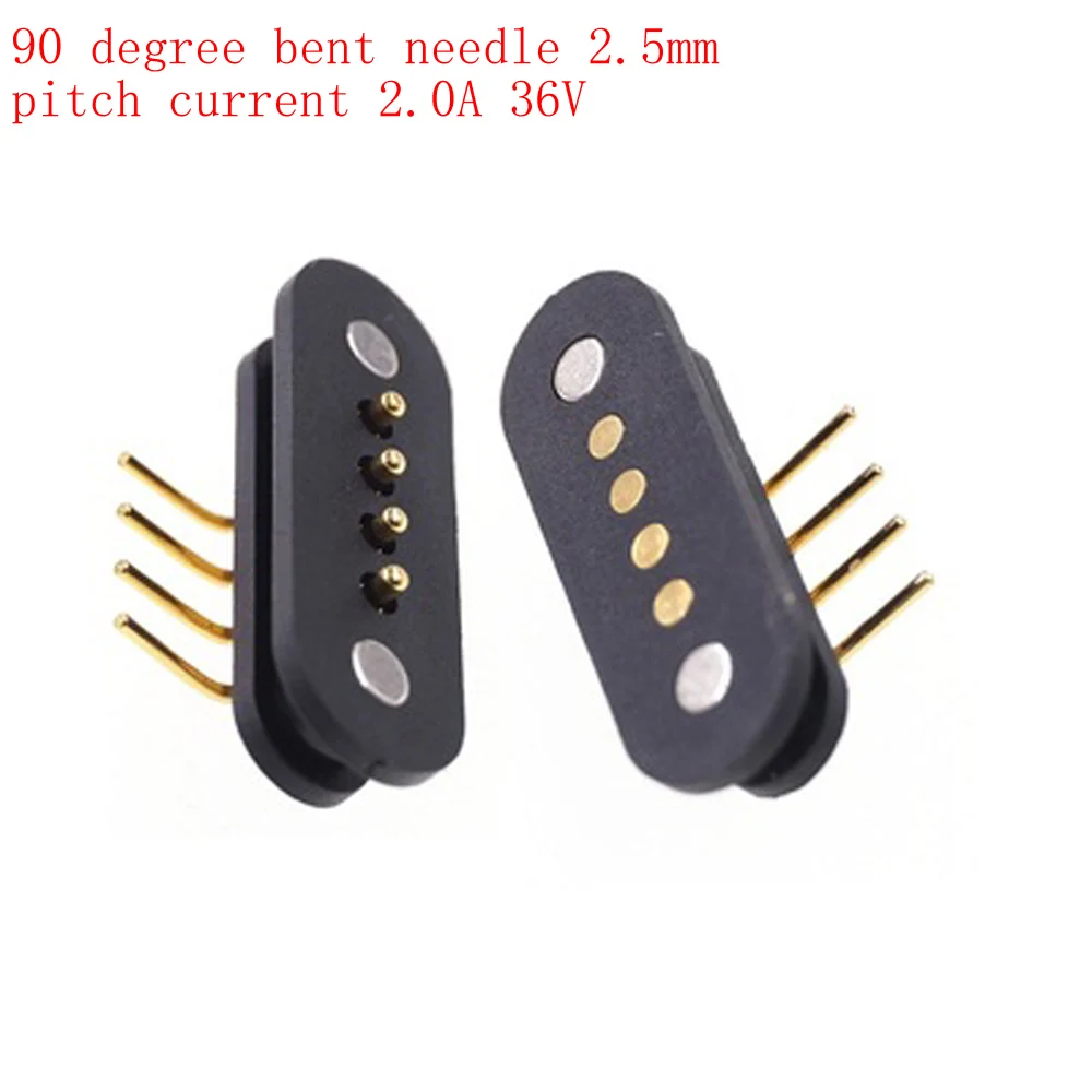 1Pair Spring-Loaded Magnetic Pogo Pin Connector 4 Pole Pitch 2.5 Through Hole Angled Male Female 2.0A 36V DC Power Charge Probe