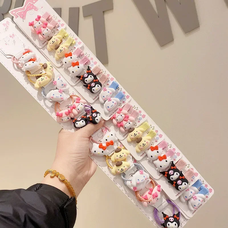 10 Pair Sanrio Hello Kitty Melody Coolommy Hairpin Leather Band Edge Clip Cute Cartoon Children's Hair Accessories Gift