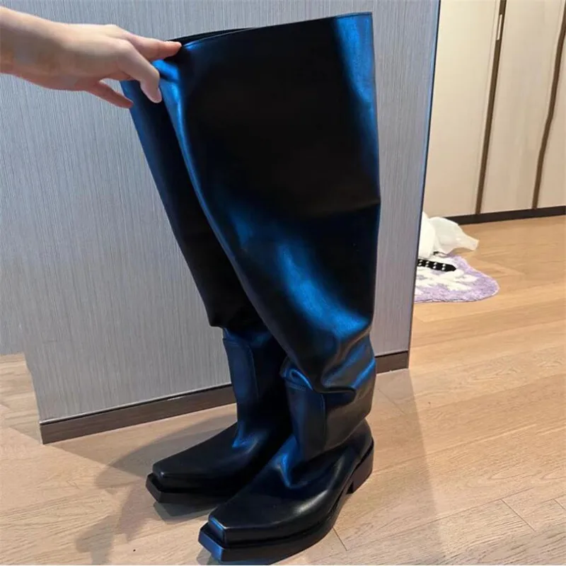 Square-headed Long Boots for Men New Thick-soled Over-the-knee High Boot