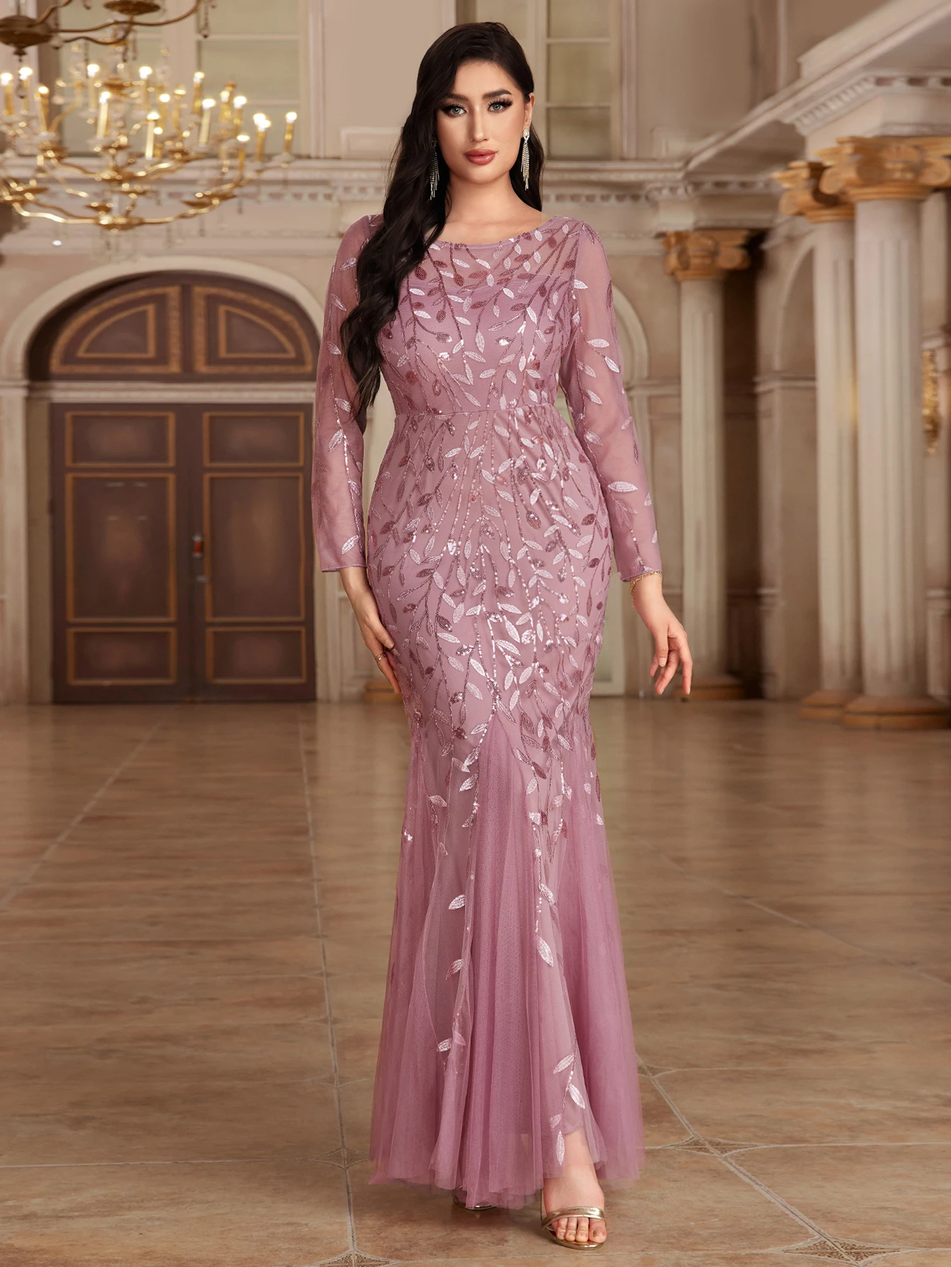 Vestidos de Noche de sirena con cuello redondo, manga larga, tul bordado, vestido de fiesta largo, elegante, Formal, gran oferta, 2024