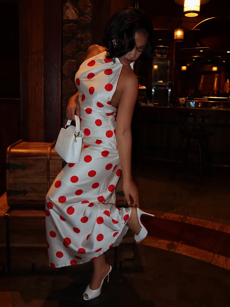 Weird Puss Sexy Rückenfreies Langes Kleid für Damen, Polka-Dot-Druck, Schnürung, Neckholder, Rollkragen, Ärmellos, Mitternachtsparty, Elegante Vestidos – Detail 13