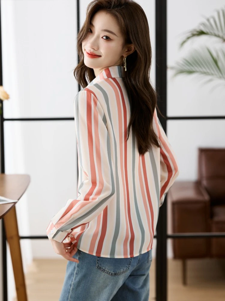 New Long Sleeve Turn Down Collar Women Blouses 2025 Women Striped Shirt Autumn Casual Women's Long Sleeves Color Blocking Tops