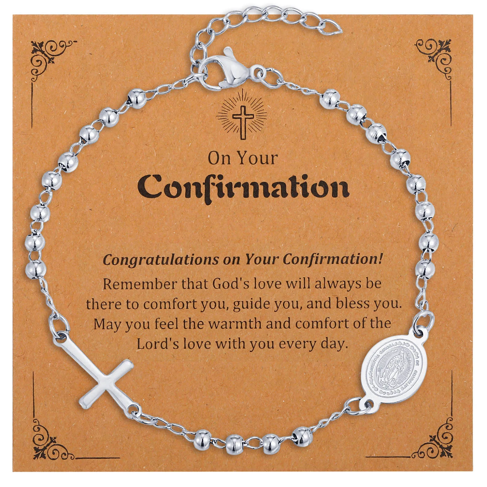 Silver Color Virgin Mary Rosary Bracelet, Catholic Religious Cross Chain Bracelet for Women Adjustable, Communion Baptism Gift