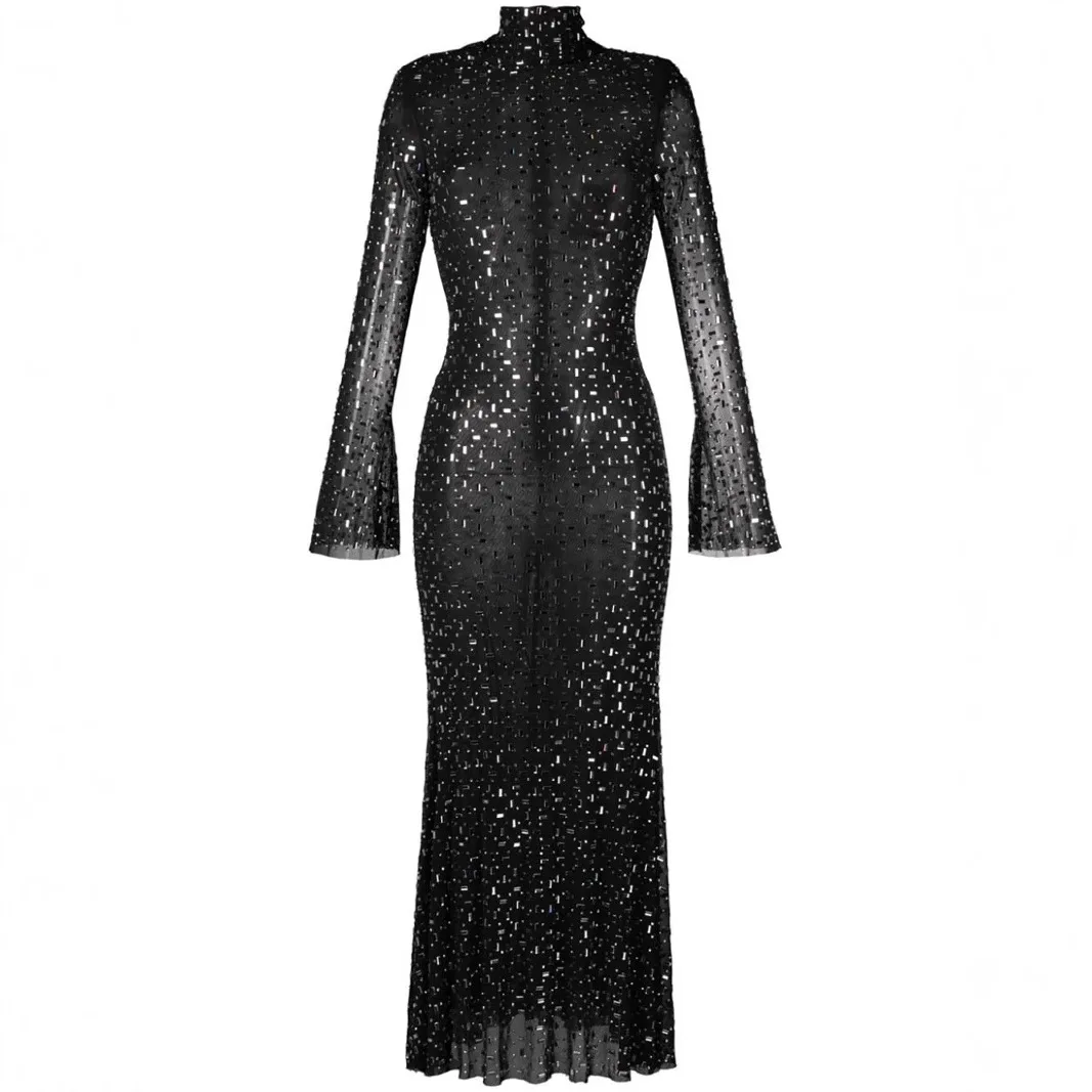 Stylish New Women's Black Dress Sheer Long Sleeve Drilling Calf-length Dresses Sparkling Embellishments Ideal for Evening Event