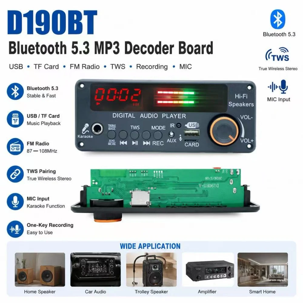 Carte décodeur MP3 Bluetooth 5.3 D190BT DC12V, module décodeur audio pour voiture, prend en charge MP3, TF, FM, microphone et autres fonctionnalités.