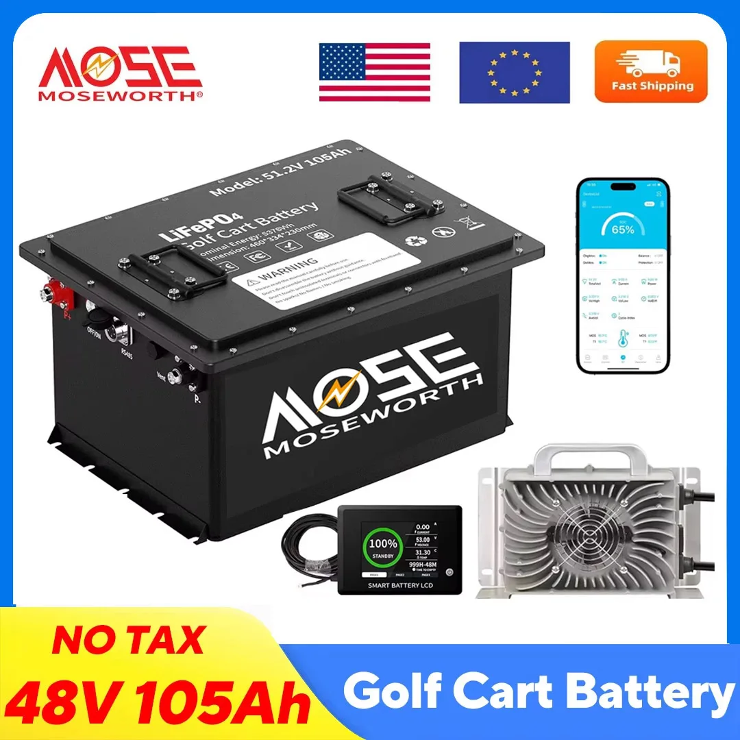 MOSEWORTH 48V 105Ah Golfwagen-Lithiumbatterie mit integriertem 200A BMS, Touch-Monitor und Ladegerät, APP-Unterstützung, MAX 10,24 kW
