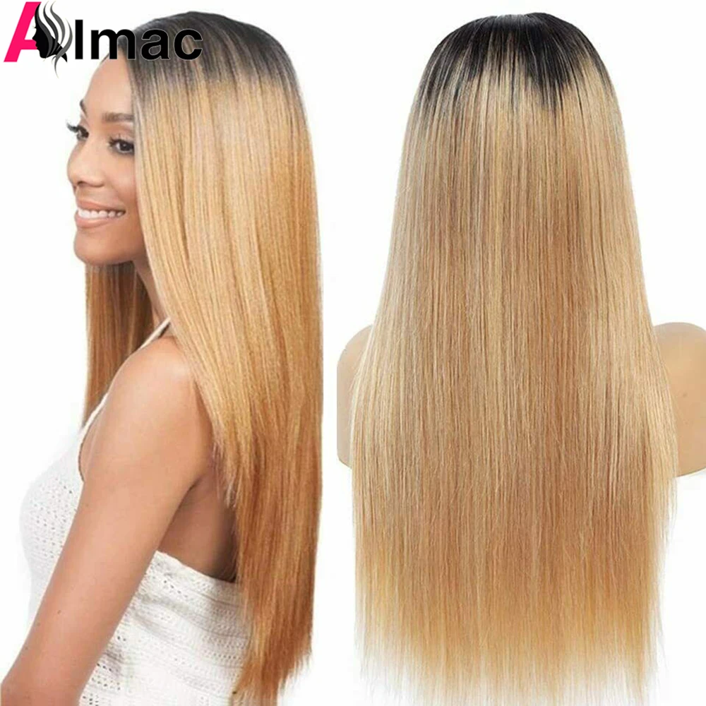 Peluca de cabello humano indio Remy, pelo liso con cierre de encaje, ombré, rubio miel, 4x1 T, parte media, predesplumada, 1B27/30, 4x4, 150%