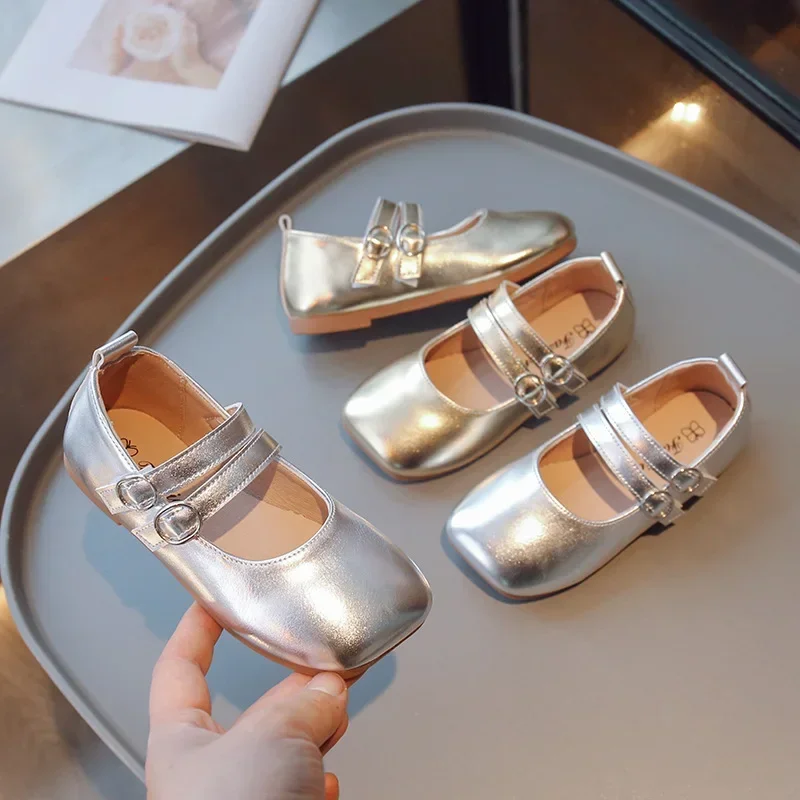 Children\'s Leather Shoes Spring Autumn Fashion Kids Performance Shoes Solid Color Gold Silver Girls Causal Flats Single Shoes