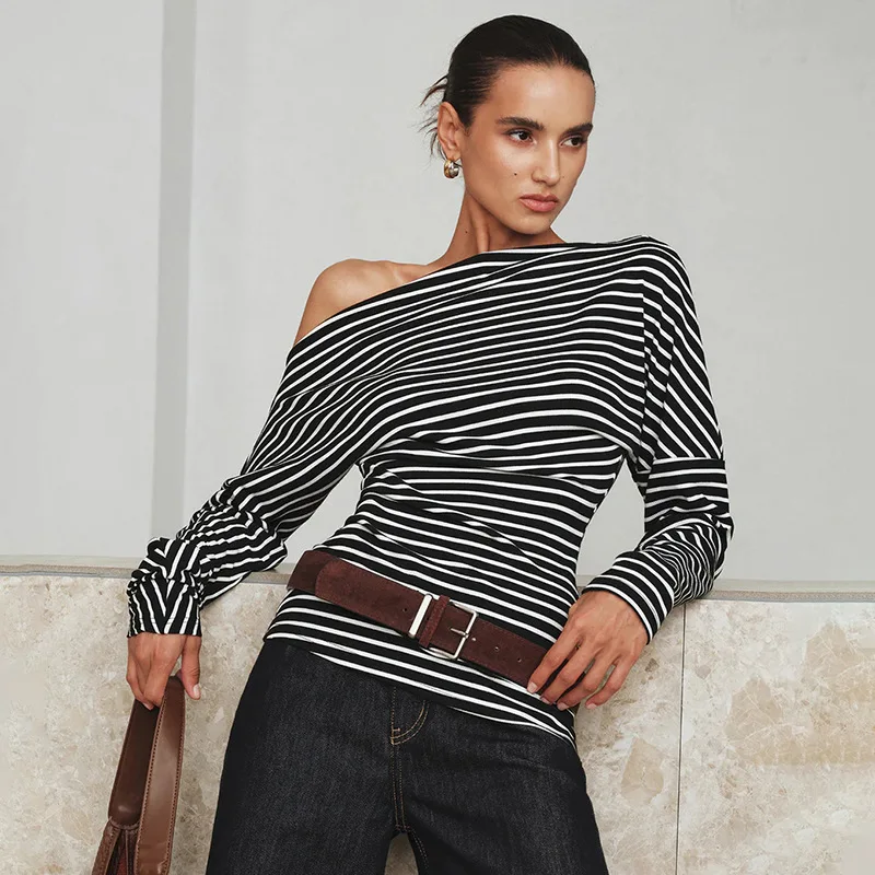 

Vintage Off Shoulder Striped Tops Women Korean Batwing Long Sleeve T Shirt Lady Strapless Basic Tee Steetwear Autumn Y2k Clothes
