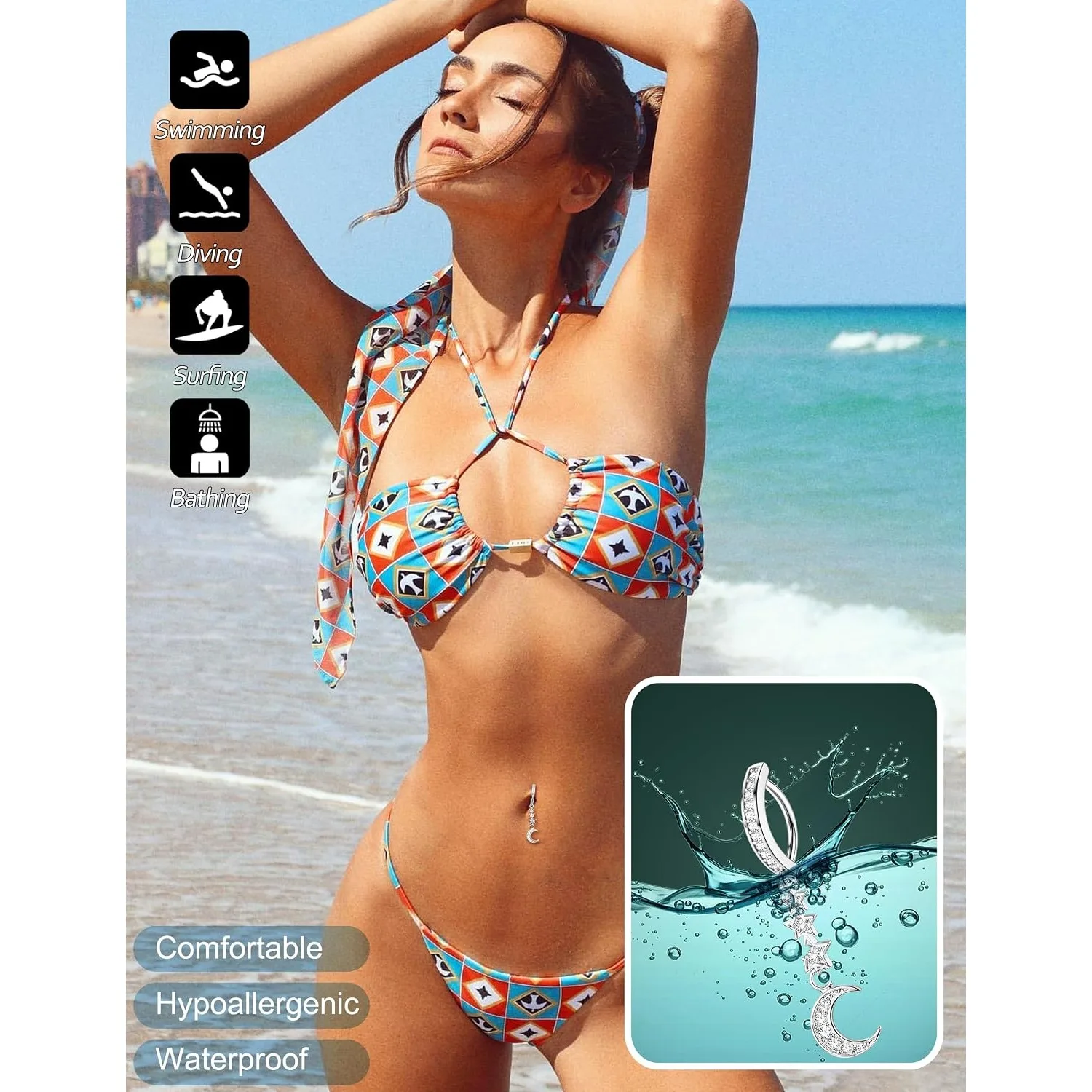 ORAZIO 6Pcs 14G Clicker Reverse Navel Ring 316L Steel Hypoallergenic Butterfly Evil Eye Heart CZ Opal Dangle Piercing Gift Women
