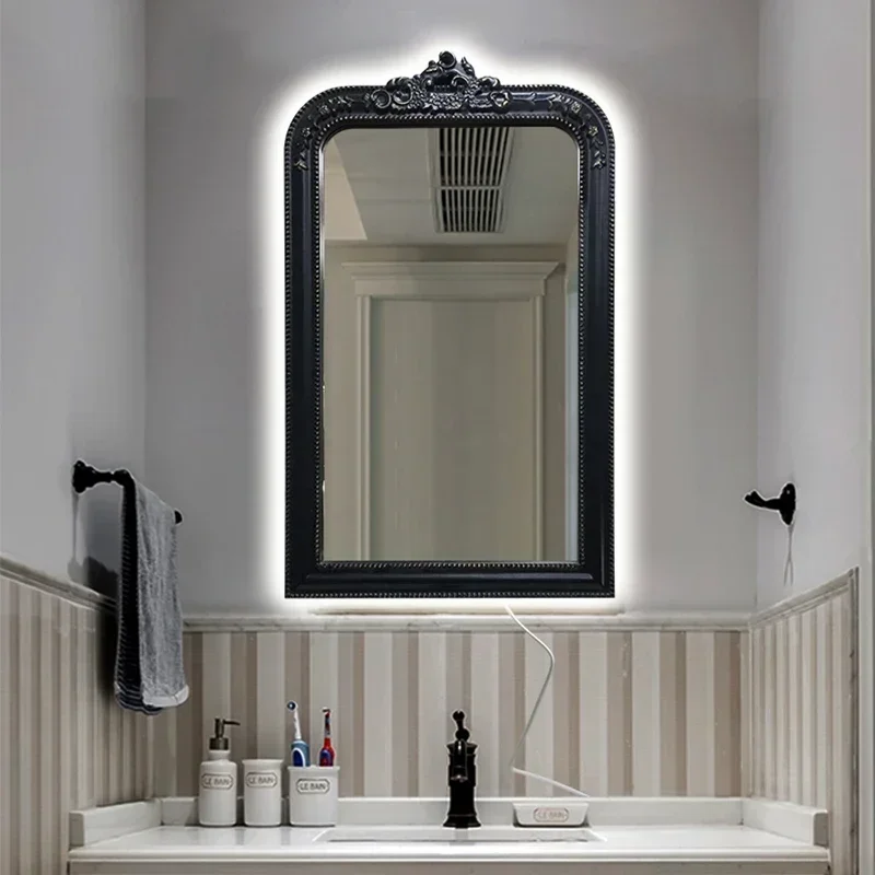 

NEW French engraved bathroom mirror LED light anti-fog retro mirror wall-mounted bathroom mirror square