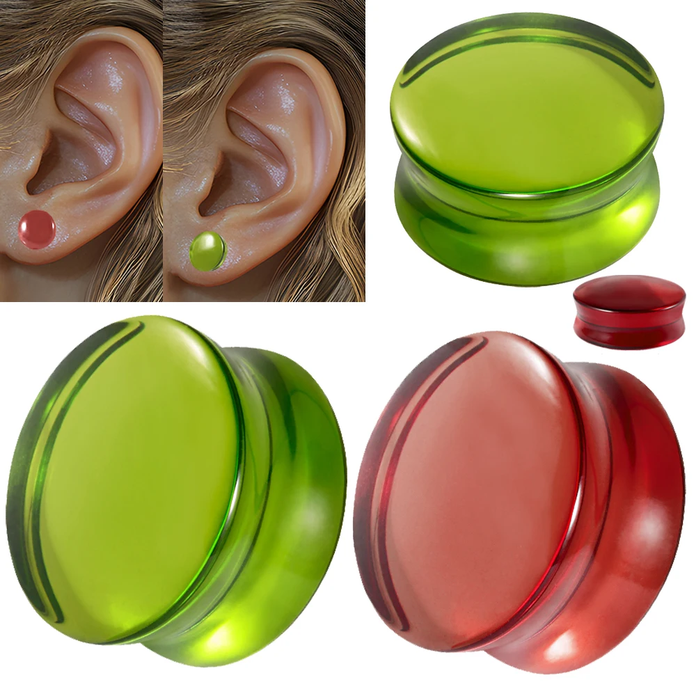 1 para czerwone i zielone przezroczyste szklane zatyczki do uszu kolczyki Expander wskaźniki okrągłe tunele dla kobiet mężczyzn moda Piercing biżuteria 6-30mm