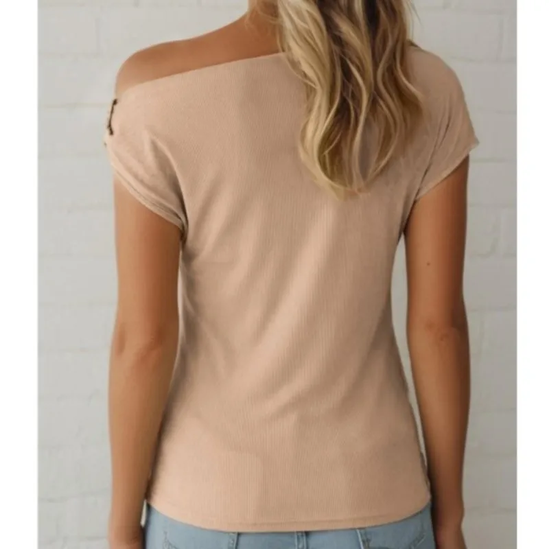 Women's Skew Collar Ribbed Knit Asymmetrical Off Shoulder T-shirt Top Summer White Metal Buckle Detail Slim Fit Casual T-shirts