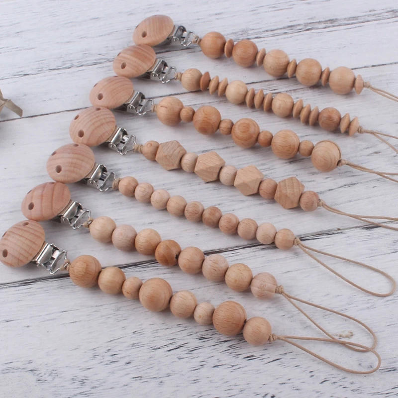 1pc Beech Wood Baby Pacifier Clips Chain BPA-free Wooden Beads Newborn Soother Dummy Nipple Holder Baby Teething Pacifier Chain