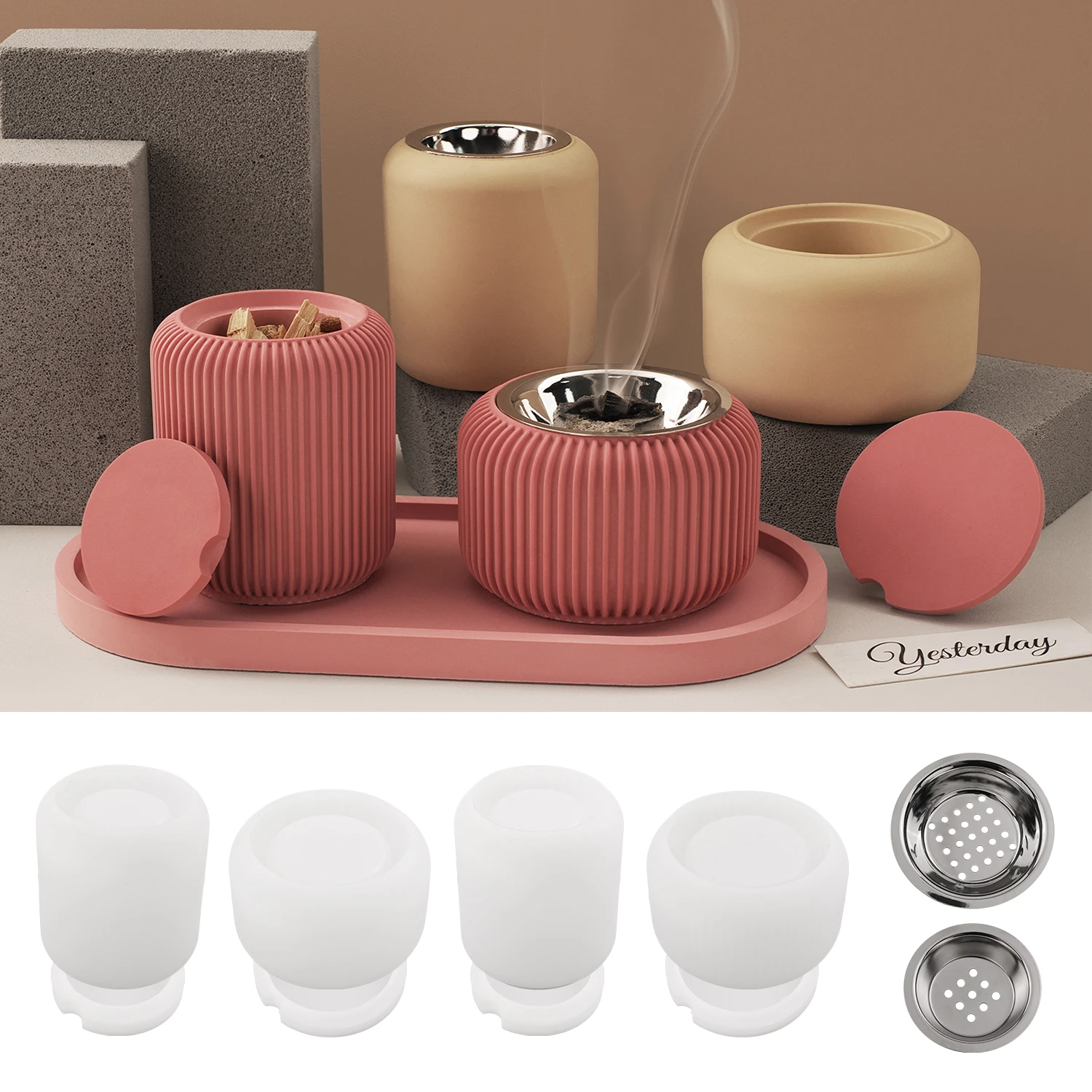 DIY Striped Storage Jar with Lid Silicone Mold Round Incense burner mold Concrete Plaster Pottery Candle Cup Vessel Mold