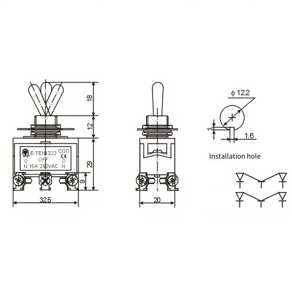 Power Control 12mm Hole Size 6 Pin Switch 3 Position Toggle Switch Appliance 3 Position Switch Easy Installation